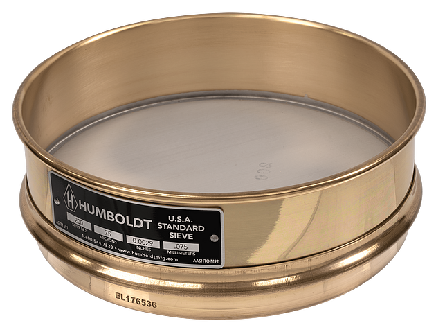 8" Dia., No. 200 (75µm) Brass Frame Stainless Mesh, 2" (50mm) Full Height Frame Standard Sieve